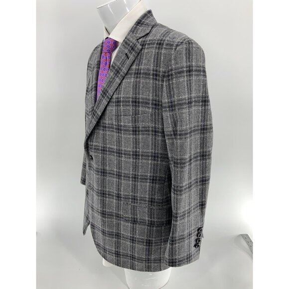 Holland & Sherry Blazer 44S Gray Plaid Wool Cashmere Func Cuffs 2B 2V YGI R4-73 - Picture 4 of 16